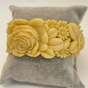 Vintage Wide Japanese Celluloid Bracelet with Carved Roses & Daisies